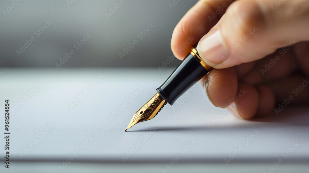 Medium close-up of a hand gracefully holding a vintage fountain pen, writing on high-quality paper. Medium close-up of a hand gracefully holding a vintage fountain pen, writing on high-quality paper.