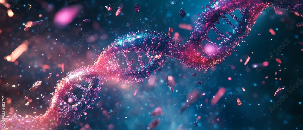 A DNA strand is shown in a colorful, abstract style with a lot of debris A DNA strand is shown in a colorful, abstract style with a lot of debris