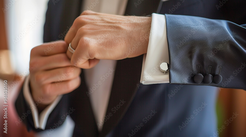 Obraz premium Medium close-up of a manâs hand adjusting the cufflinks on a tailored tuxedo sleeve, showing refined attention to detail.