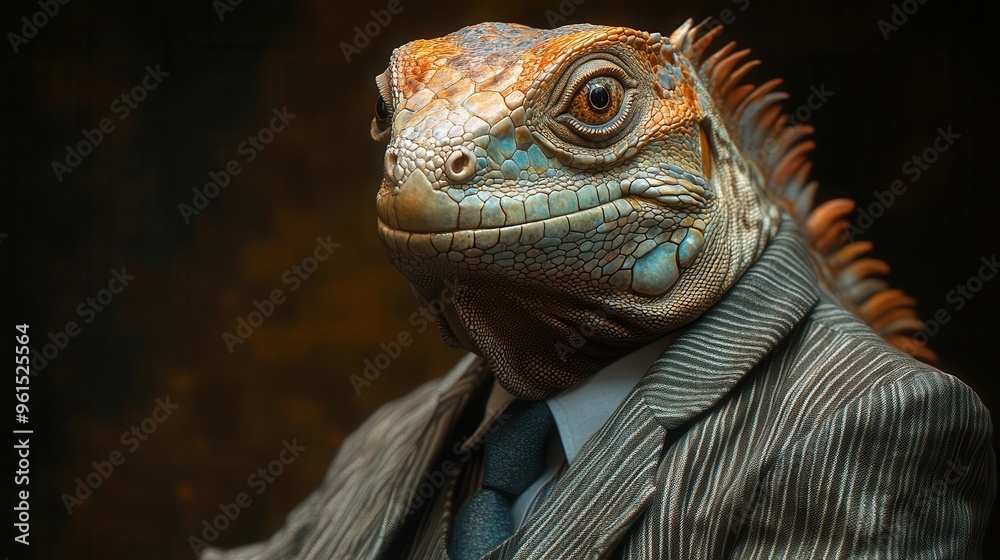 whimsical portrait of iguana wearing pinstripe suit and tie blending reptilian features with corporate attire whimsical portrait of iguana wearing pinstripe suit and tie blending reptilian features with corporate attire