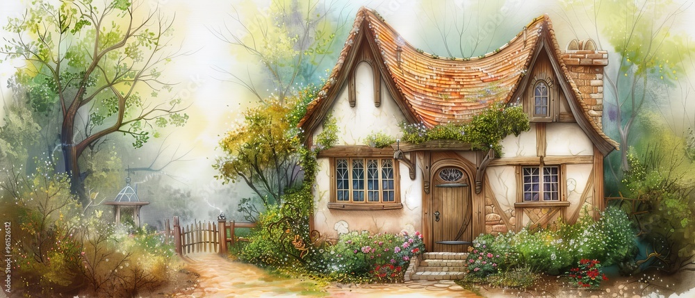 A house painting in a wooded area, featuring a gate and staircase ascending A house painting in a wooded area, featuring a gate and staircase ascending