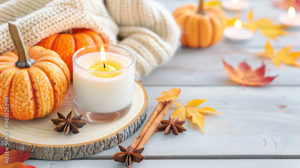 Pumpkins and candle in autumn decor with cozy sweater and colorful leaves