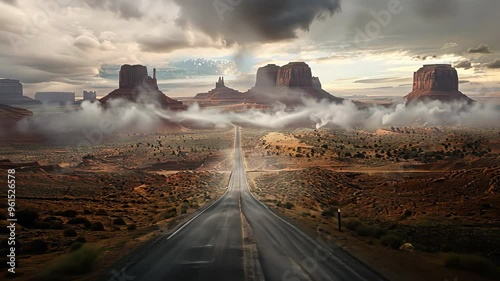 Desert road leading to monument valley under dramatic clouds