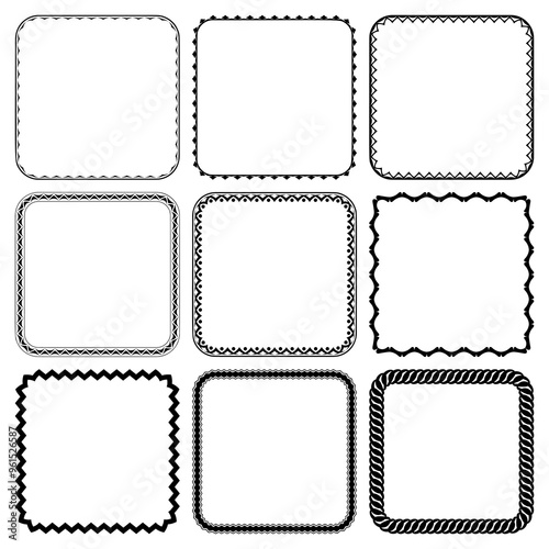 Set of square black frames with rounded corners isolated on white background. Modern geometric ornament. Collection of borders for decorating text, printing on paper, textiles. Vector illustration