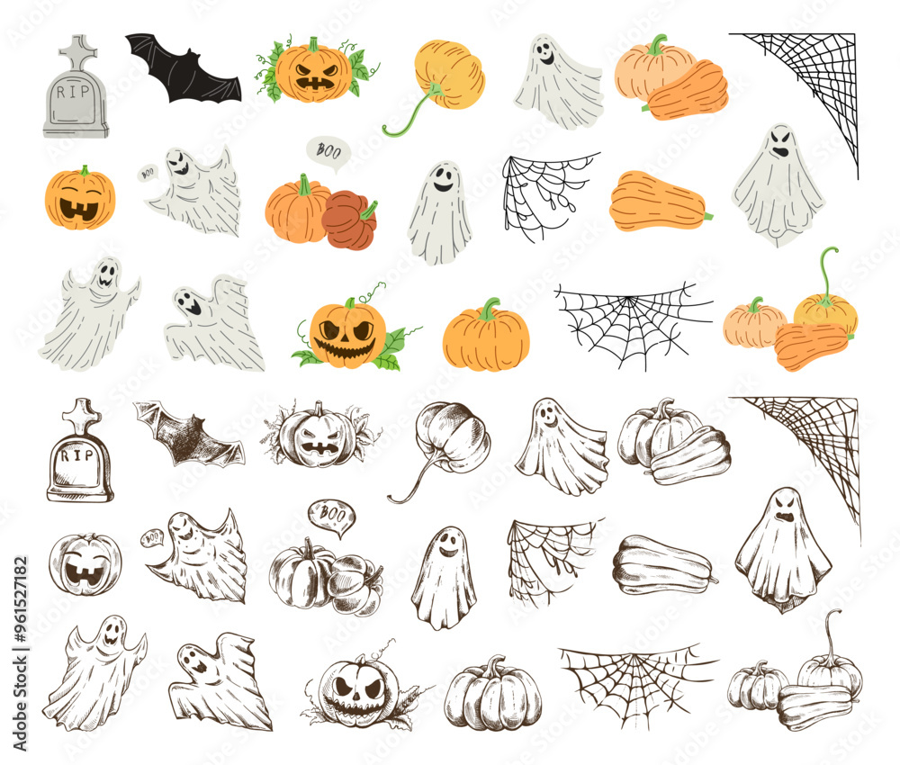 Big set of halloween elements in sketch and flat style. Design of witch, ghost, creepy and spooky elements for halloween decorations, sketch, icon. Hand drawn vector isolated on white background. Big set of halloween elements in sketch and flat style. Design of witch, ghost, creepy and spooky elements for halloween decorations, sketch, icon. Hand drawn vector isolated on white background.