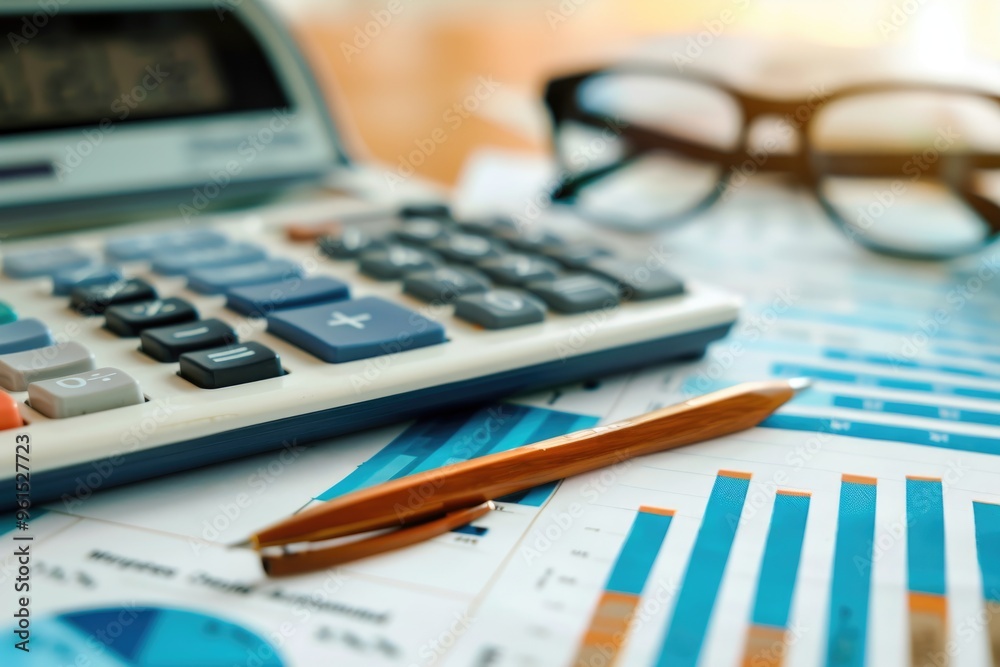 Office Desk with Calculator, Pen, Glasses, and Financial Charts for Business Analysis Office Desk with Calculator, Pen, Glasses, and Financial Charts for Business Analysis
