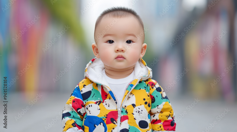 Confident Chinese baby model in trendy streetwear and sneakers posing against a graffiti wall in an urban setting Confident Chinese baby model in trendy streetwear and sneakers posing against a graffiti wall in an urban setting