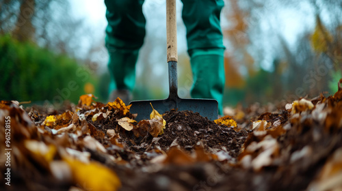 Composting autumn leaves and garden debris, rich earthy tones, turning piles with a pitchfork in a misty garden 