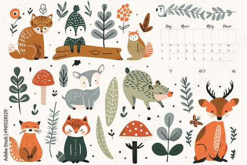 Adorable Scandinavian-style weekly planner featuring cute forest animals and lush plants