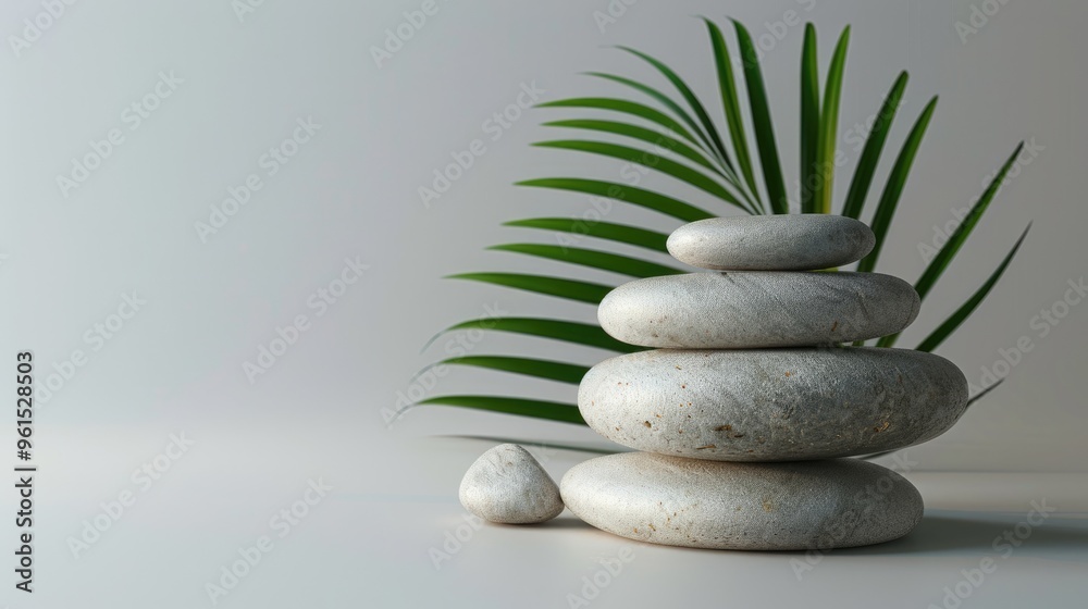 Stacked stones and palm leaf on light gray background for minimal product presentation. Stacked stones and palm leaf on light gray background for minimal product presentation.