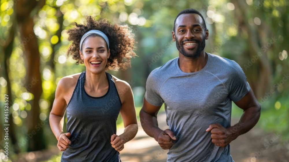 A happy romantic couple is jogging for exercise in park while they travel on their summer holiday trip together. A happy romantic couple is jogging for exercise in park while they travel on their summer holiday trip together.