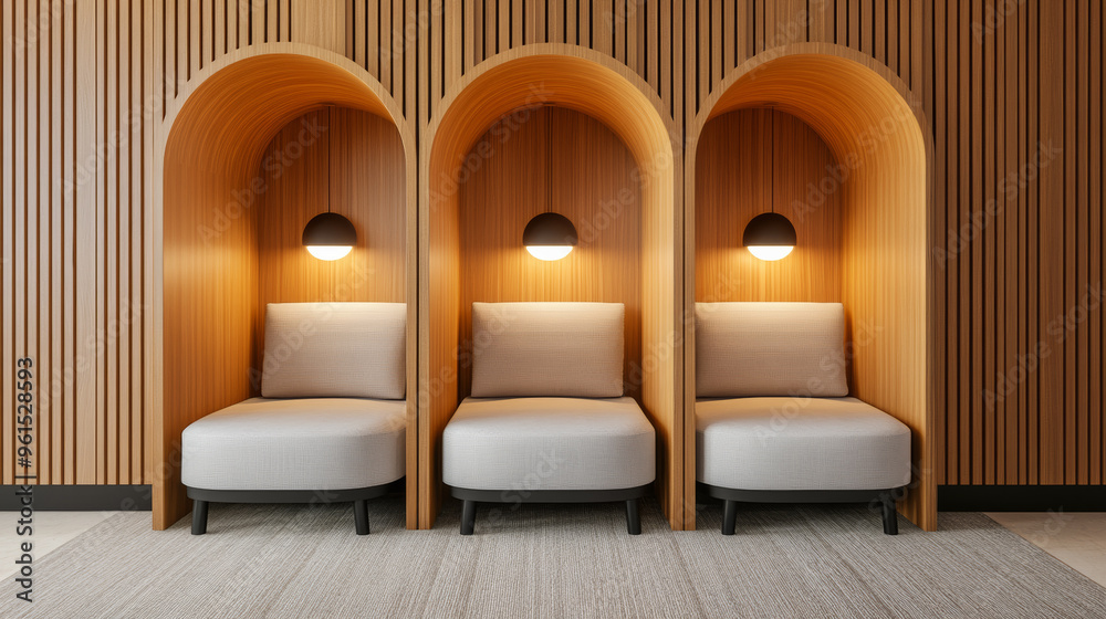 Cozy corners in an airport business lounge with private seating pods, USB charging stations, and soft, warm lighting for focused work Cozy corners in an airport business lounge with private seating pods, USB charging stations, and soft, warm lighting for focused work