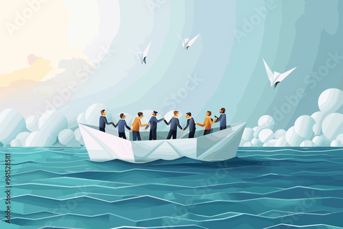 Business Leaders Navigating Paper Boat on Ocean of Opportunities, Lighthouse Guiding to Profit and Success