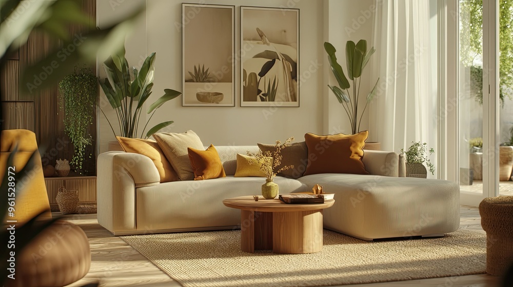 Naklejka premium Scandinavian-inspired living room with modern furniture, a soft sofa, and warm decor elements.