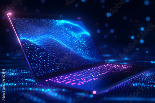 Digital Wave Laptop Abstract Illustration - Blue and Purple Neon Lights