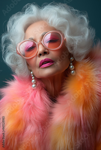 Elegant Elderly Woman in Pastel Fashion and Pink Sunglasses