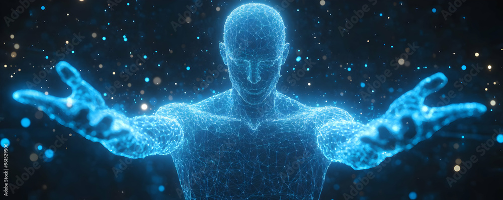 Abstract Illustration of Glowing Human Figure with Open Arms Abstract Illustration of Glowing Human Figure with Open Arms