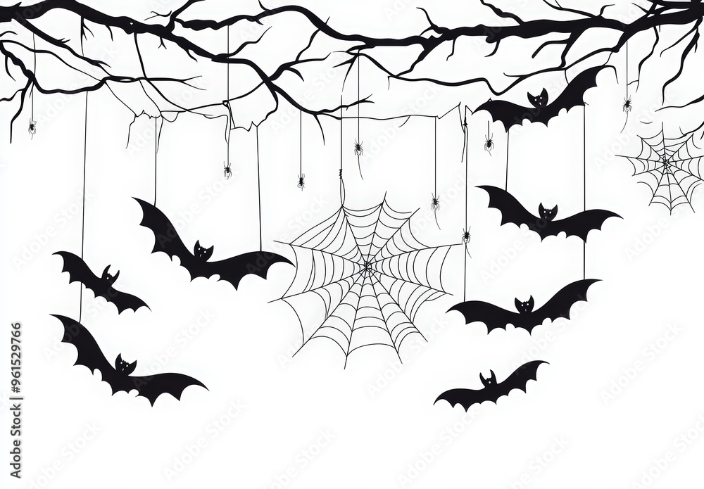 Happy Halloween with a hanging spider web and bats. Halloween concept Happy Halloween with a hanging spider web and bats. Halloween concept