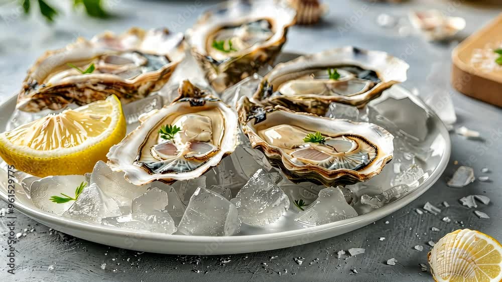 Fresh oysters served on ice with lemon slices and herbs, seafood dining concept Fresh oysters served on ice with lemon slices and herbs, seafood dining concept