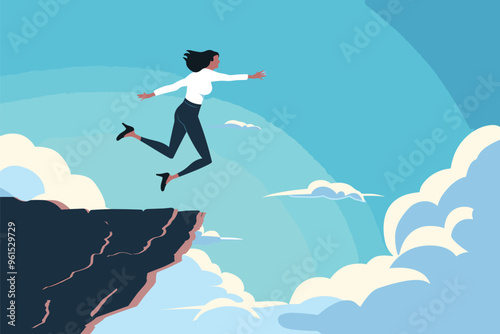 Businesswoman Jumping Off Cliff to Reach Sky Ladder: Overcoming Career Obstacles