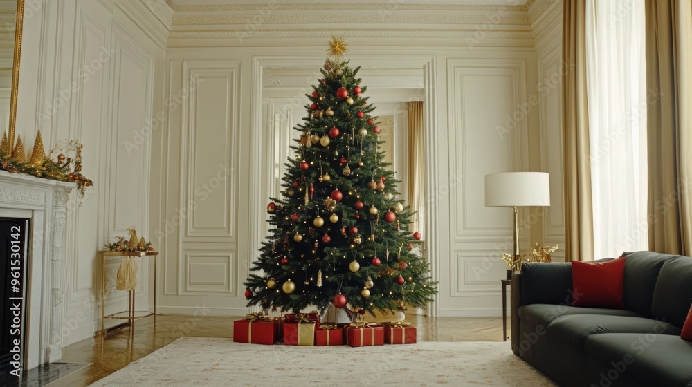 A beautifully decorated Christmas tree stands in a luxurious living room surrounded by wrapped gifts, creating a festive