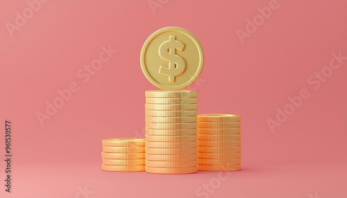 A stack of golden coins with a large dollar sign coin on top against a pink background, symbolizing wealth and finance.
