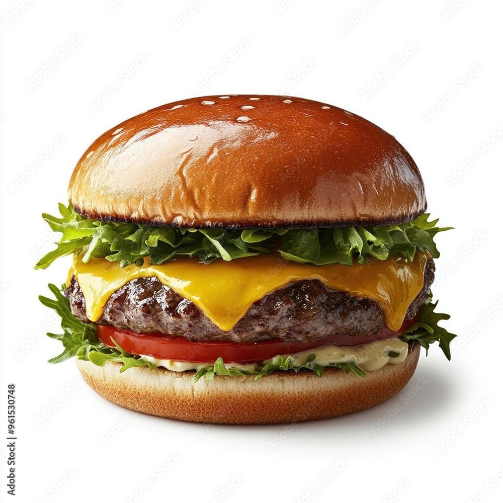 Close-up of a juicy cheeseburger with melted cheese, lettuce, tomato, and a sesame seed bun. Close-up of a juicy cheeseburger with melted cheese, lettuce, tomato, and a sesame seed bun.