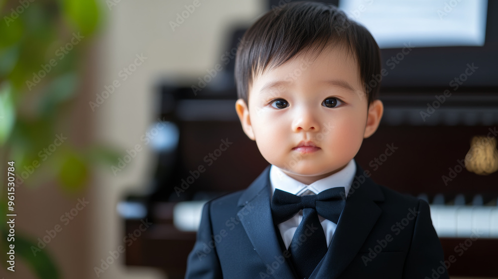 Elegant Chinese baby boy in a mini tuxedo standing beside a small grand piano, formal and classic style Elegant Chinese baby boy in a mini tuxedo standing beside a small grand piano, formal and classic style
