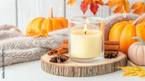 Candle light with pumpkins and autumn leaves decoration on wooden slice