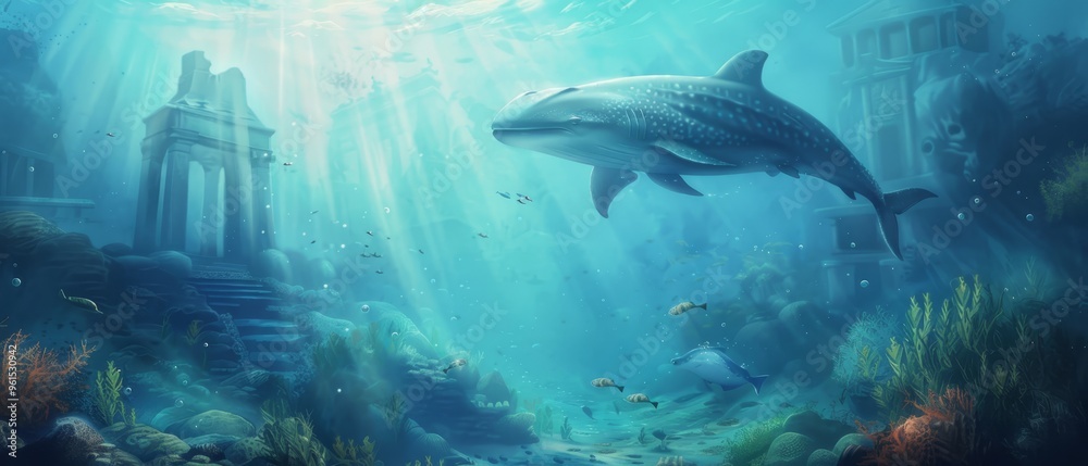 Fototapeta premium A dolphin painting in ocean, sunlit water streams, building behind
