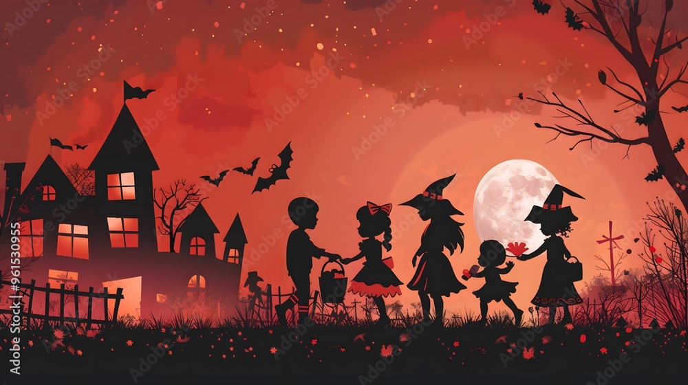 Spooky Halloween night with children in silhouette against a full moon backdrop, creating a magical and eerie atmosphere. Spooky Halloween night with children in silhouette against a full moon backdrop, creating a magical and eerie atmosphere.