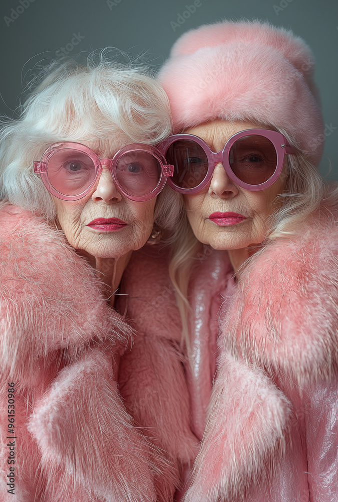 Elegant Elderly Women in Pink Fur Coats and Sunglasses Posing for a Magazine Cover Elegant Elderly Women in Pink Fur Coats and Sunglasses Posing for a Magazine Cover