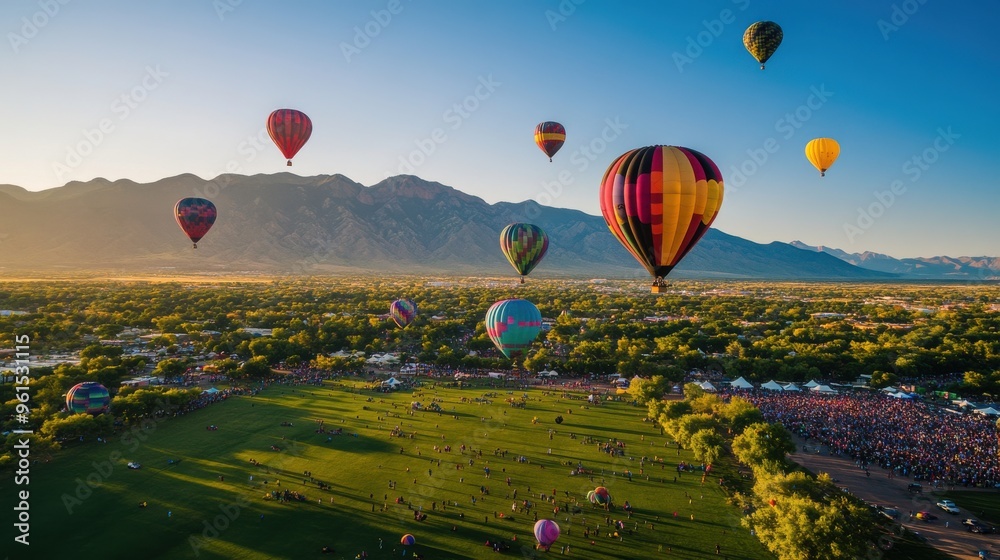 Obraz premium Hot air balloons floating over vast green landscapes, scenic festival with mountains in the distance. 