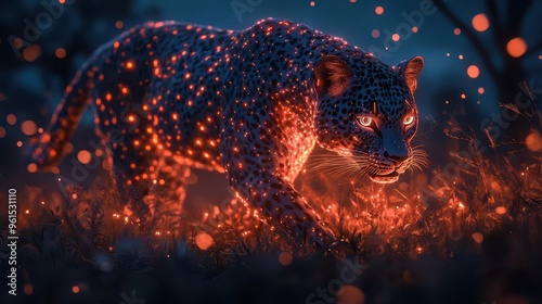 futuristic african savanna with a bioluminescent leopard prowling through hightech camouflage grass under a sky filled with holographic constellations photo