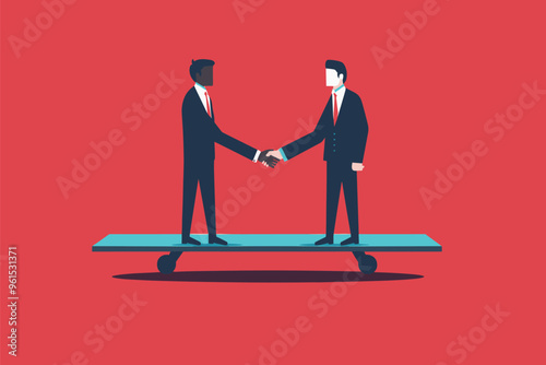 Businessmen shaking hands on seesaw, balancing interests in successful negotiation deal