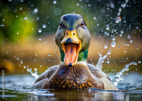 A furious duck bursts forth from a lake, its beak agape, scattering water droplets in all directions, a splashing spectacle unfolds. photo