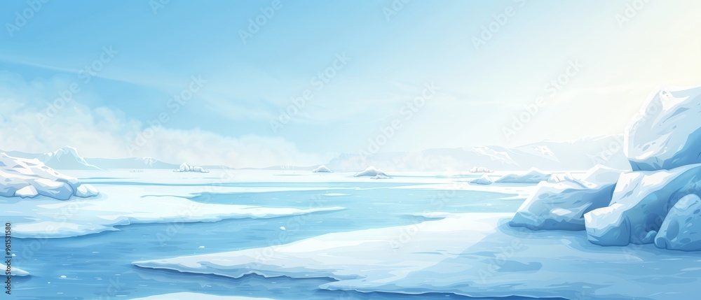 Frozen lake with icebergs in foreground, snow-capped mountains behind