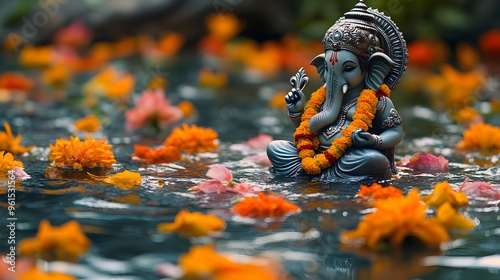 Immersion of a Ganesha Idol in Vibrant Floral Pond during Hindu Festival photo