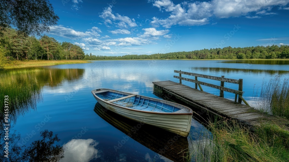 Serene lake with an old wooden bridge and a row boat under a clear sky with soft clouds. Serene lake with an old wooden bridge and a row boat under a clear sky with soft clouds.