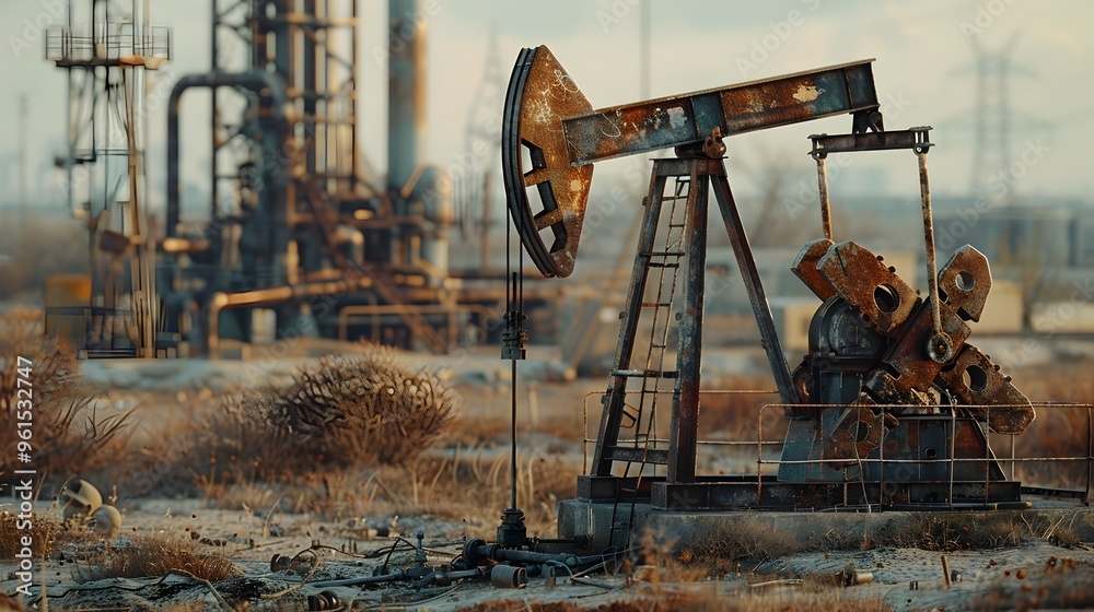 A rusty oil rig is in the desert with a barren landscape A rusty oil rig is in the desert with a barren landscape