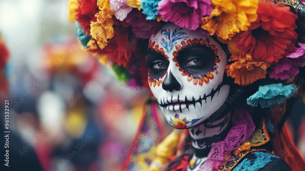 Woman with Day of the Dead makeup and flower crown, celebrating Dia de los Muertos.  
