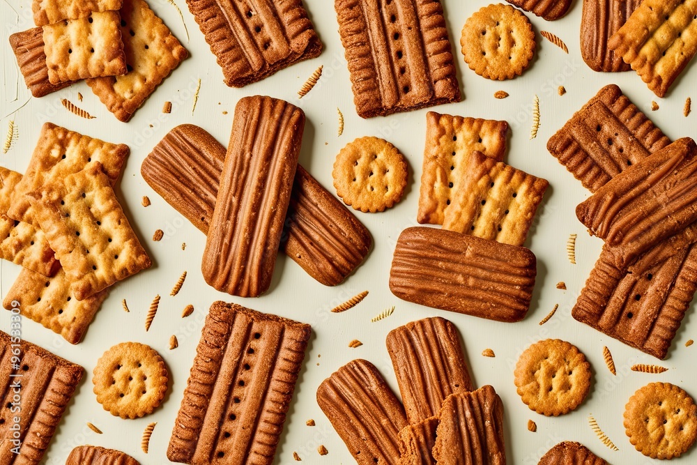 Dense Biscuit Snack Array on Pale Canvas with Darting Texture