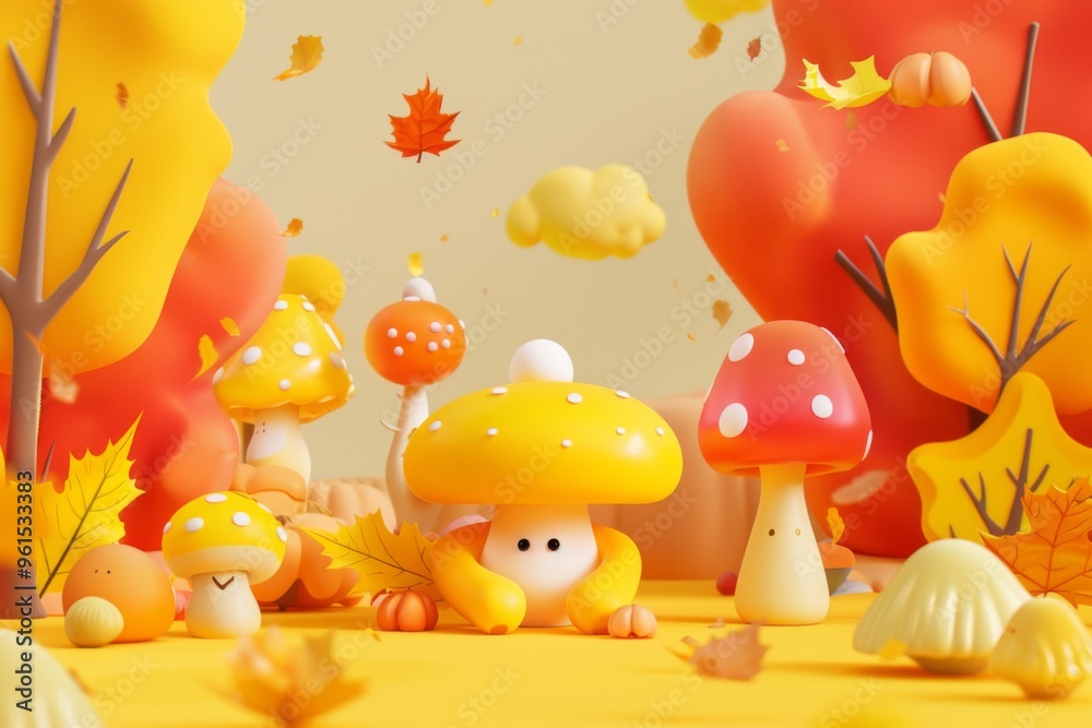Whimsical 3D fall scene featuring mushrooms, trees, and playful autumn colors. Ideal for kids’ designs, fantasy-themed visuals, or nature-inspired art pieces. Whimsical 3D fall scene featuring mushrooms, trees, and playful autumn colors. Ideal for kids’ designs, fantasy-themed visuals, or nature-inspired art pieces.