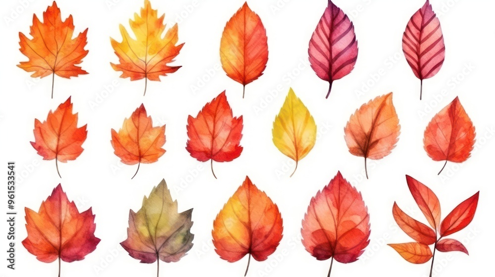 A set of watercolor autumn leaves in bright red, yellow, and orange tones. Ideal for creative projects, seasonal art, and nature-inspired designs.