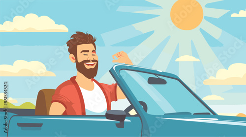 Cheerful Cartoon Caucasian Man Enjoying Blue Car Ride on Sunny Day