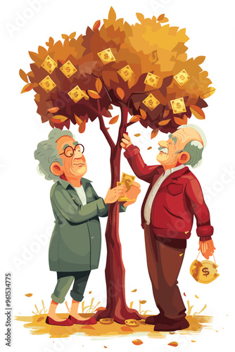 Elderly Couple Harvesting Money from Tree for Retirement Savings and Financial Planning