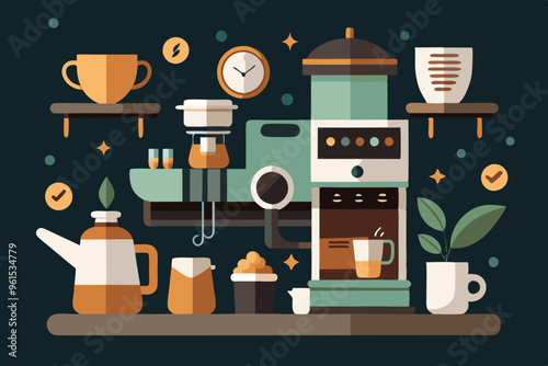 On the table lies a coffee machine next to cups and a clock