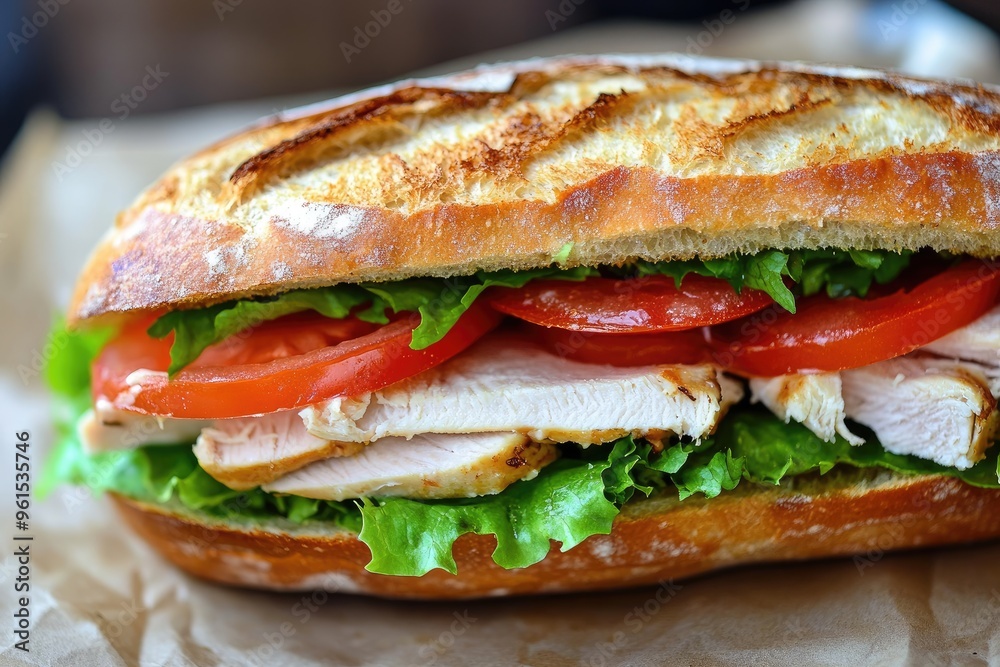 A freshly made turkey sandwich with lettuce, tomato, and mayonnaise, served on a crusty baguette A freshly made turkey sandwich with lettuce, tomato, and mayonnaise, served on a crusty baguette
