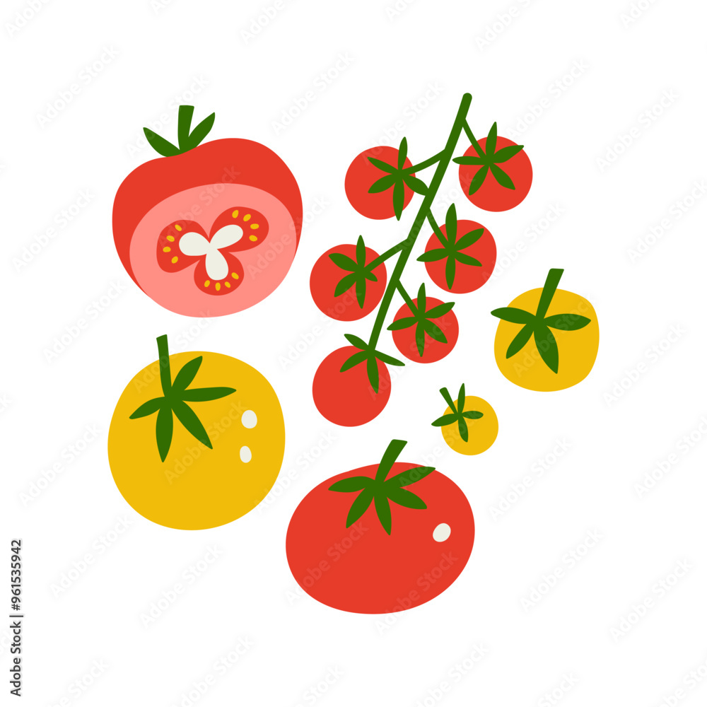 Tomato set hand drawn flat vector illustration. Fresh vegetable red and yellow tomatoes print for kitchen, menu, food package design. Healthy cute organic product. Tomato set hand drawn flat vector illustration. Fresh vegetable red and yellow tomatoes print for kitchen, menu, food package design. Healthy cute organic product.