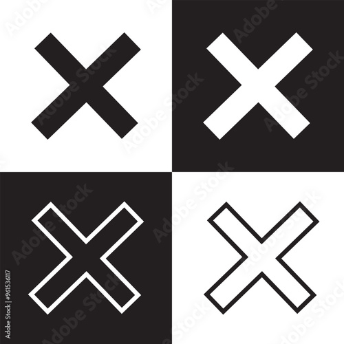 Close vector icon. Delete icon vector. cross sign. Wrong sign. Reject icon. Cancel icon. Cross. Prohibition sign. Alert sign.  Isolated on black and white background. Vector Illustration. EPS 10